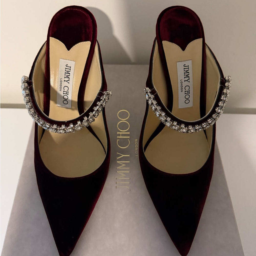 Jimmy Choo Velvet Burgundy Heels with Crystal Embellishment